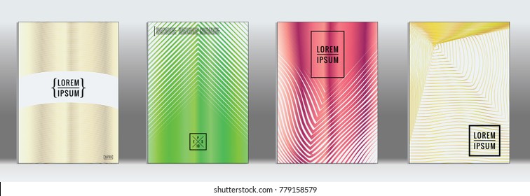 Retro placards. Minimal geometric annual report templates. Set of abstract hipster covers with gradient geometric graphic design. Mockup for magazine cover. Simple retro page cover. Flat memphis print