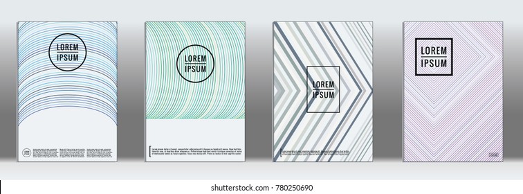 Retro placards. Minimal geometric annual report templates. Set of abstract hipster covers with gradient geometric graphic design. Mockup for magazine cover. Simple retro page cover. Flat memphis print