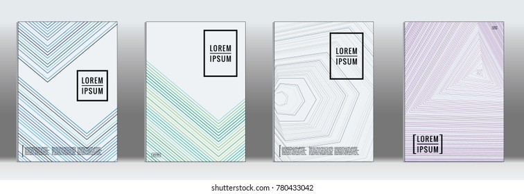 Retro placards. Minimal geometric annual report templates. Set of abstract hipster covers with gradient geometric graphic design. Mockup for magazine cover. Simple retro page cover. Flat memphis print