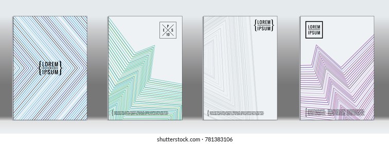 Retro placards. Minimal geometric annual report templates. Set of abstract hipster covers with gradient geometric graphic design. Mockup for magazine cover. Simple retro page cover. Flat memphis print