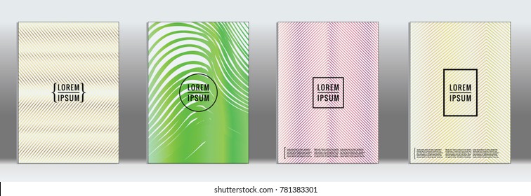 Retro placards. Minimal geometric annual report templates. Set of abstract hipster covers with gradient geometric graphic design. Mockup for magazine cover. Simple retro page cover. Flat memphis print