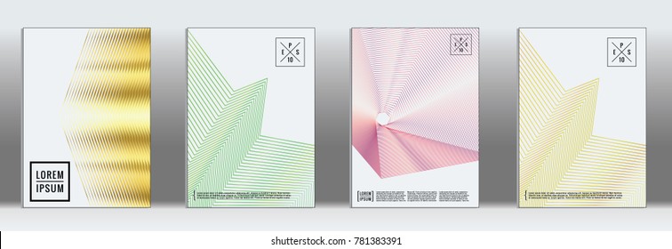 Retro placards. Minimal geometric annual report templates. Set of abstract hipster covers with gradient geometric graphic design. Mockup for magazine cover. Simple retro page cover. Flat memphis print