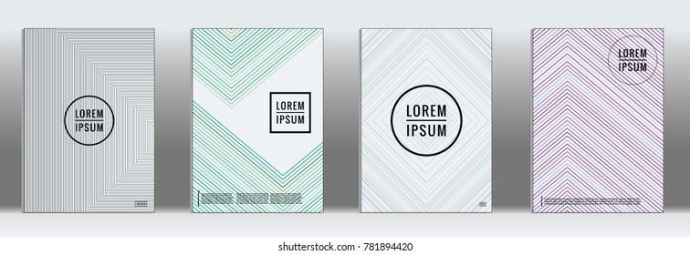 Retro placards. Minimal geometric annual report templates. Set of abstract hipster covers with gradient geometric graphic design. Mockup for magazine cover. Simple retro page cover. Flat memphis print