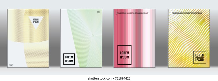 Retro placards. Minimal geometric annual report templates. Set of abstract hipster covers with gradient geometric graphic design. Mockup for magazine cover. Simple retro page cover. Flat memphis print