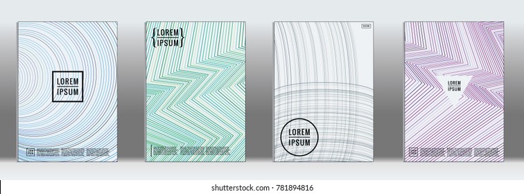 Retro placards. Minimal geometric annual report templates. Set of abstract hipster covers with gradient geometric graphic design. Mockup for magazine cover. Simple retro page cover. Flat memphis print
