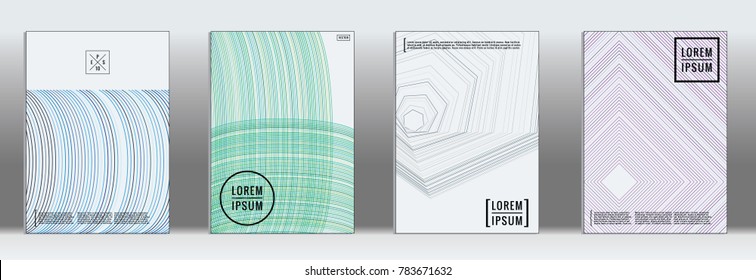Retro placards. Minimal geometric annual report templates. Set of abstract hipster covers with gradient geometric graphic design. Mockup for magazine cover. Simple retro page cover. Flat memphis print