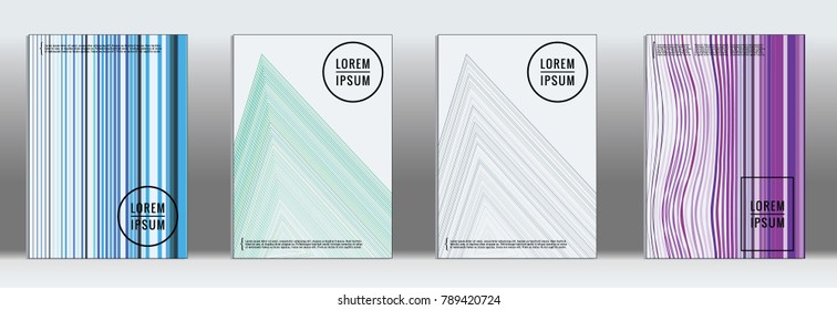 Retro placards. Minimal geometric annual report templates. Set of abstract hipster covers with gradient geometric graphic design. Mockup for magazine cover. Simple retro page cover. Flat memphis print