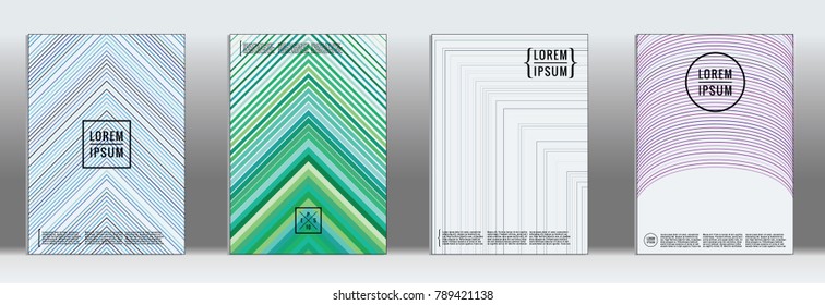 Retro placards. Minimal geometric annual report templates. Set of abstract hipster covers with gradient geometric graphic design. Mockup for magazine cover. Simple retro page cover. Flat memphis print