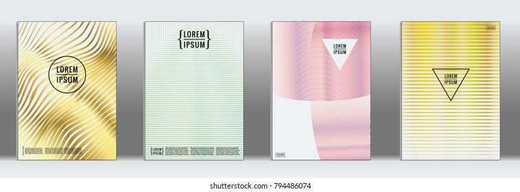 Retro placards. Minimal geometric annual report templates. Set of abstract hipster covers with gradient geometric graphic design. Mockup for magazine cover. Simple retro page cover. Flat memphis print