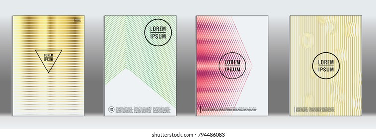 Retro placards. Minimal geometric annual report templates. Set of abstract hipster covers with gradient geometric graphic design. Mockup for magazine cover. Simple retro page cover. Flat memphis print
