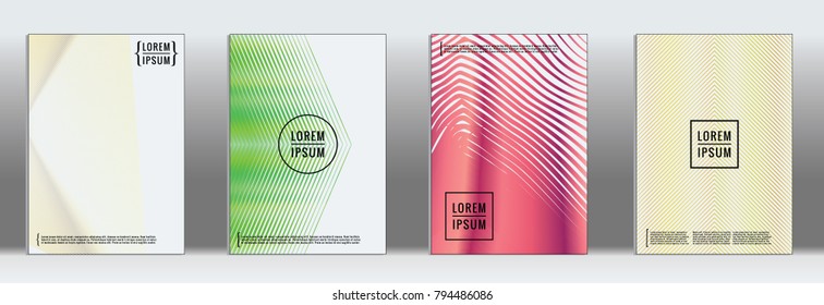 Retro placards. Minimal geometric annual report templates. Set of abstract hipster covers with gradient geometric graphic design. Mockup for magazine cover. Simple retro page cover. Flat memphis print