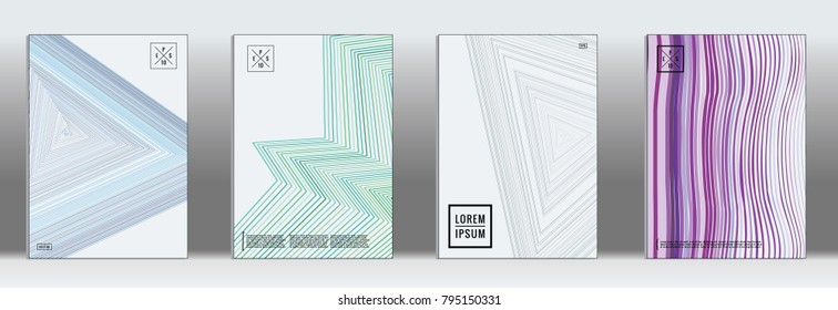 Retro placards. Minimal geometric annual report templates. Set of abstract hipster covers with gradient geometric graphic design. Mockup for magazine cover. Simple retro page cover. Flat memphis print