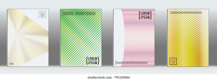 Retro placards. Minimal geometric annual report templates. Set of abstract hipster covers with gradient geometric graphic design. Mockup for magazine cover. Simple retro page cover. Flat memphis print