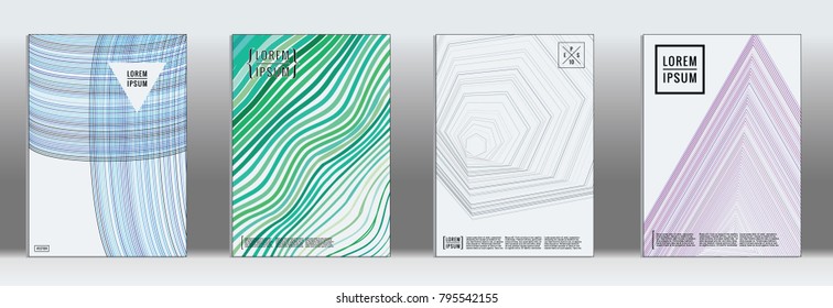 Retro placards. Minimal geometric annual report templates. Set of abstract hipster covers with gradient geometric graphic design. Mockup for magazine cover. Simple retro page cover. Flat memphis print
