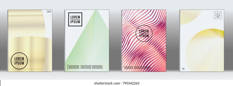 Retro placards. Minimal geometric annual report templates. Set of abstract hipster covers with gradient geometric graphic design. Mockup for magazine cover. Simple retro page cover. Flat memphis print