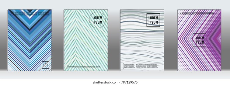 Retro placards. Minimal geometric annual report templates. Set of abstract hipster covers with gradient geometric graphic design. Mockup for magazine cover. Simple retro page cover. Flat memphis print