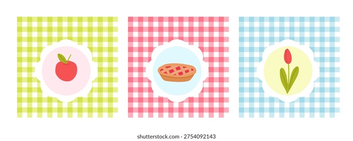 Retro plaid and vichy check pattern with floral accents. Simple geometric background suitable for fabric prints, wallpaper, and trendy cottagecore designs.