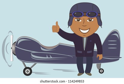retro plane with afro american pilot showing thumb up and smile
