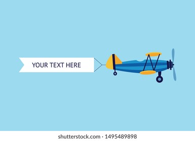 Retro plane or biplane flying with the ribbon advertising or promo banner flat vector illustration isolated on blue background. Aviation design for web banners and posters.