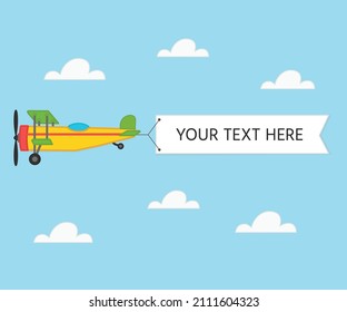 Retro plane or biplane flying  in the sky with clouds with the ribbon advertising or promo banner. Vector illustration for web banners and posters, cards.