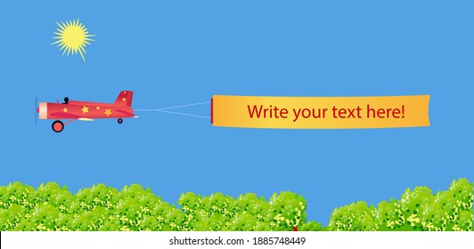 A retro plane flies over the forest pulling text ribbon. Vector illustration for greeting cards design.