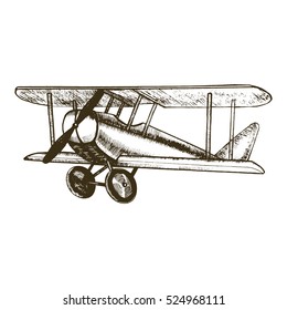 Retro Plane Hand Draw Sketch Vintage Biplane with Propeller Can Be Used for Posters and Cards. Vector illustration