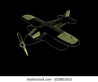 Retro plane. Isolated on black background. Vector  illustration. Pointillism style.