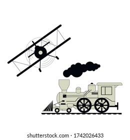 Retro plane and retro train, on a white background, old technique, vector illustration