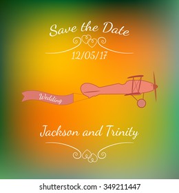 Retro plane with a wedding banner and names over abstract colorful blurred vector background. Element for wedding designs, website, logo, and other. Greeting card template, Save the Date.