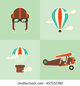 Retro planes, air balloons and pilot hat set. Flat design illustration. Good colors. Very easy to edit.