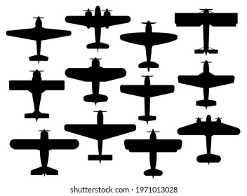 Retro planes black silhouettes, vector airplanes with propellers, vintage military or civil aircraft transport top or bottom view isolated on white background. Air vehicle, flying transportation set