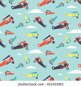 Retro planes in different trendy colors seamless pattern. Flat design illustration. Good colors. Very easy to edit.