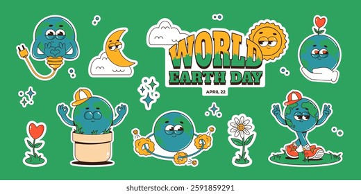 Retro planet Earth characters in groovy style. Funky globe mascot stickers with psychedelic smile. World Earth day. World Environment Day. Eco friendly labels, badges, tag