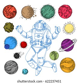 retro planets and asteroids, space and comets, a flying astronaut