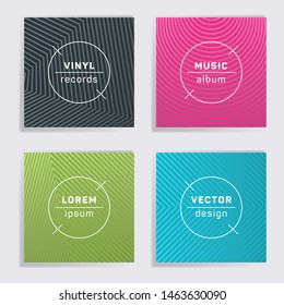 Retro plate music album covers collection. Halftone lines backgrounds. Minimalistic plate music records covers, vinyl album mockups. DJ records geometric layouts. Posters material design.