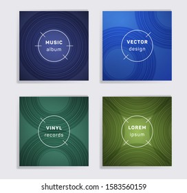 Retro plate music album covers collection. Semicircle curve lines patterns. Trendy plate music records covers, vinyl album mockups. DJ records disc vector mockups. Banners flyers cards set.