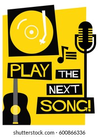 Retro Play The Next Song Poster with Mic Guitar and Turntable Illustration