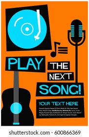 Retro Play The Next Song Poster with Mic Guitar and Turntable Illustration
