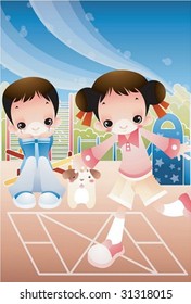 Retro Play Time - enjoying break time with a lovely young girl and a funny boy in the playground on clear sunny day on background with beautiful, bright blue sky and pink field : vector illustration