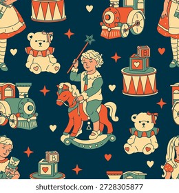 A retro, playful, and bright seamless pattern of vintage toys and children. Features a rocking horse, teddy bear, train, and drum for a childish background.