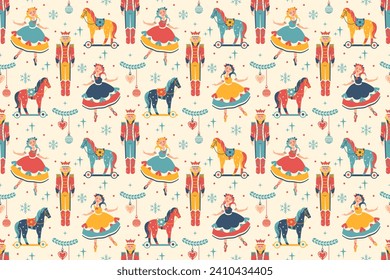 Retro playful Christmas seamless wallpaper. Light and bright Nutcracker ballet. Flat design. Vintage tile background for Christmas gift, wrapping paper, fabric. Hand Drawn, not AI