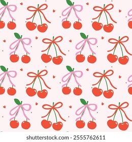 Retro Playful Coquette Seamless Pattern Red Cherries with Ribbon bow Minimal isolated on background