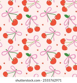 Retro Playful Coquette Seamless Pattern Red Cherries with Pink bow Minimal isolated on background