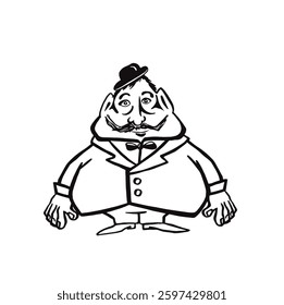 Retro plump gentleman in hat, line monochrome vector