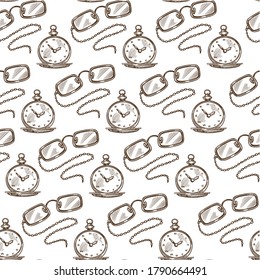 Retro pocket clock showing time and glasses for poor sign decorated with chain. Vintage accessories addition seamless pattern, elegance for gentlemen. Monochrome sketch outline, vector in flat style