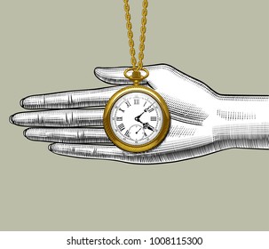 Retro pocket watch on the palm of woman's hand. Vintage stylized drawing. Vector Illustration