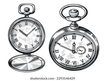 Retro pocket watch set. Vintage old clock isolated. Hand drawn sketch illustration in old engraving style