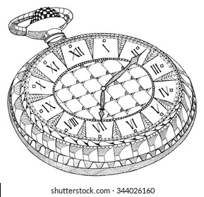 Retro pocket watch. Zentangle stylized. Pattern. Vintage watch. Freehand pencil. Hand drawn.