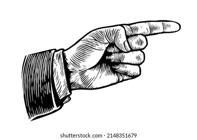 Retro pointing hand. Hand drawn sketch in vintage style. Vector illustration