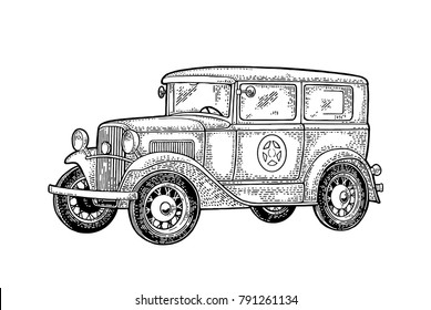 Retro police car sedan with sheriff star. Side view. Vintage black engraving illustration for poster, web. Isolated on white background. Hand drawn design element for label and poster